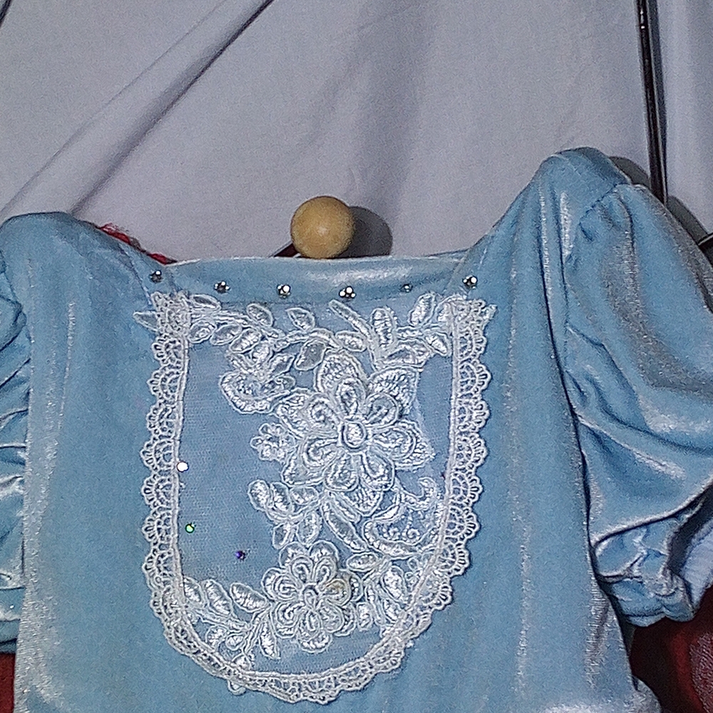 Blue Velvet Top with Lace Detail